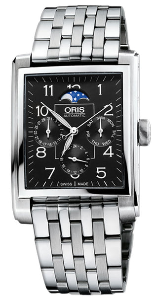 Oris Rectangular Complication Automatic Stainless Steel Black Dial Moonphase Dual Timezone Day/Date Mens Watch 582 7658 4034 - 07 8 23 82 - WAB - Shipping Dept.