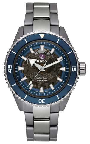 Rado Captain Cook Automatic Ceramic & Stainless Steel Black/Blue Skeleton Dial Divers Mens Watch R32128202 - Watches & Beyond
