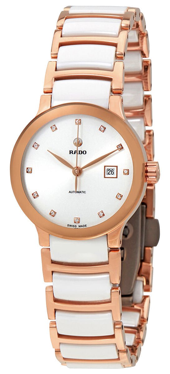 Rado Centrix Automatic Rose Gold PVD & Ceramic White Dial Diamonds Date Womens Watch R30183742 - Watches & Beyond