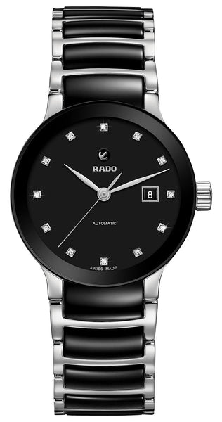 Rado Centrix Automatic Stainless Steel & Ceramic Black Dial Diamonds Date Womens Watch R30009752 - Watches & Beyond