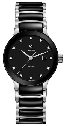Rado Centrix Automatic Stainless Steel & Ceramic Black Dial Diamonds Date Womens Watch R30009752 - Watches & Beyond