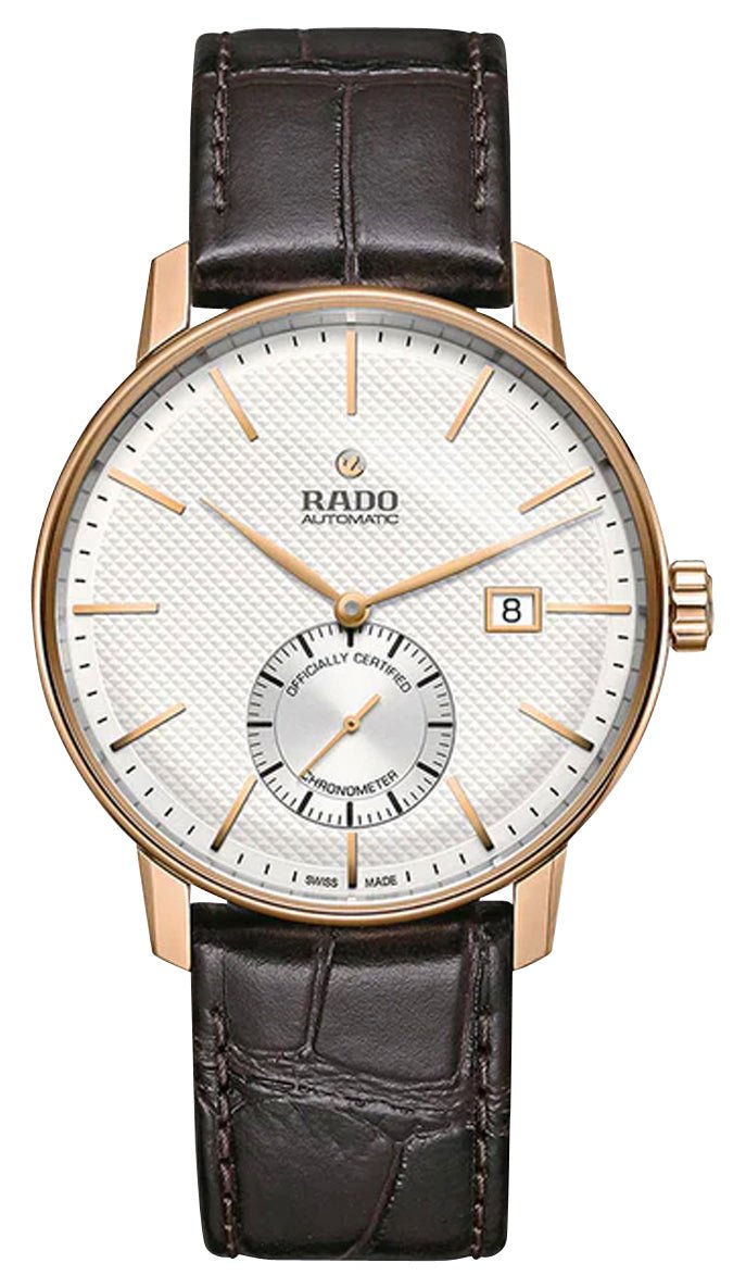 Rado Coupole Classic Automatic COSC Rose Gold PVD Silver Dial Brown Leather Strap Date Mens Watch R22881025 - Watches & Beyond