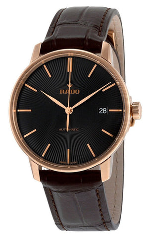 Rado Coupole Classic Automatic Rose Gold - Tone Stainless Steel Black Dial Brown Leather Strap Date Mens Watch R22861165 - WAB - Shipping Dept.