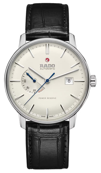 Rado Coupole Classic Automatic Stainless Steel White Dial Black Leather Strap Date Power Reserve Mens Watch R22878045 - Watches & Beyond