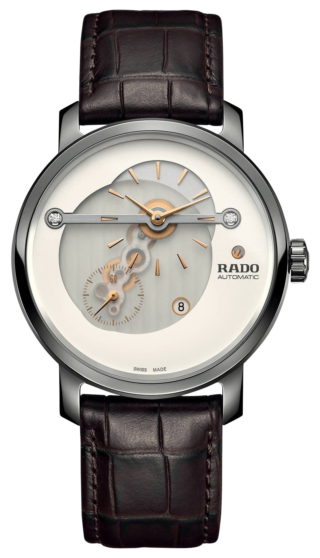 Rado DiaMaster Automatic Ceramic & Titanium White Dial Brown Leather Strap Diamonds Date Mens Watch R14061706 - Watches & Beyond
