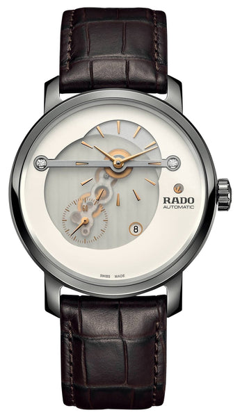 Rado DiaMaster Automatic Ceramic & Titanium White Dial Brown Leather Strap Diamonds Date Mens Watch R14061706 - Watches & Beyond