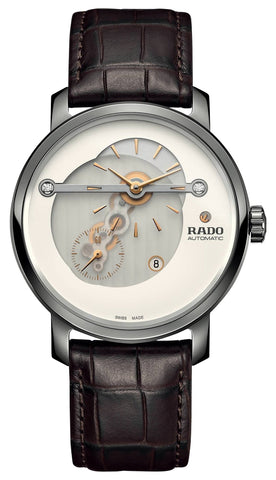 Rado DiaMaster Automatic Ceramic & Titanium White Dial Brown Leather Strap Diamonds Date Mens Watch R14061706 - Watches & Beyond