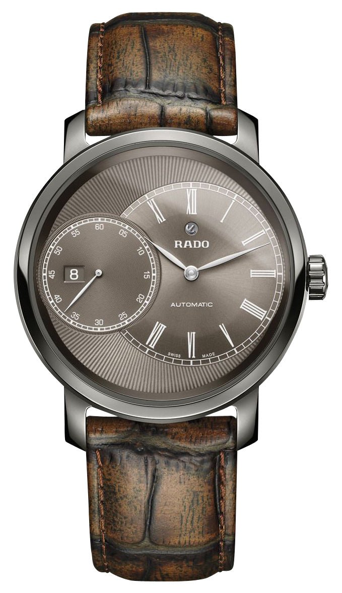 Rado DiaMaster Grande Seconde Automatic Ceramic & Titanium Brown Dial Brown Leather Strap Date Mens Watch R14129316 - Watches & Beyond