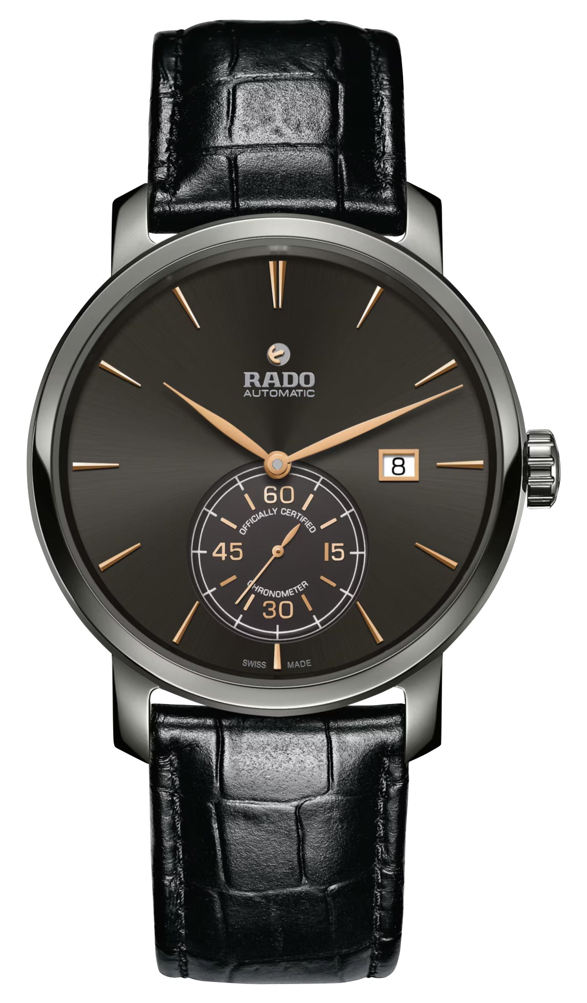 Rado DiaMaster Petite Seconde Automatic COSC Ceramic & Titanium Gray Dial Black Leather Strap Date Mens Watch R14053106 - Watches & Beyond