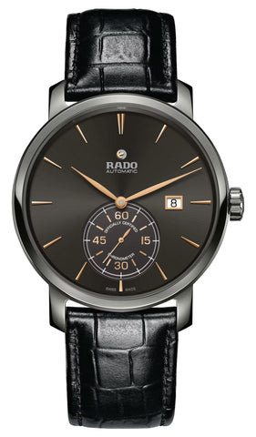 Rado DiaMaster Petite Seconde Automatic COSC Ceramic & Titanium Gray Dial Black Leather Strap Date Mens Watch R14053106 - Watches & Beyond