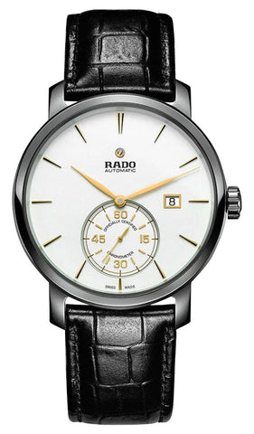 Rado DiaMaster Petite Seconde Automatic COSC Ceramic & Titanium White Dial Black Leather Strap Date Mens Watch R14053016 - Watches & Beyond