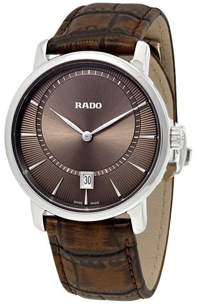 Rado Diamaster XL Silver Tone Ceramic Brown Dial Brown Leather Strap Quartz Mens Watch R14135306 - WAB - Shipping Dept.