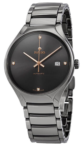 Rado True Round Automatic Ceramic & Titanium Gray Dial Diamonds Date Mens Watch R27057712 - Watches & Beyond