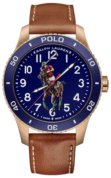 Ralph Lauren Polo Watch Pony Player Automatic Bronze Case Blue Dial Brown Leather Strap Mens Watch 472865480001 - Watches And Beyond