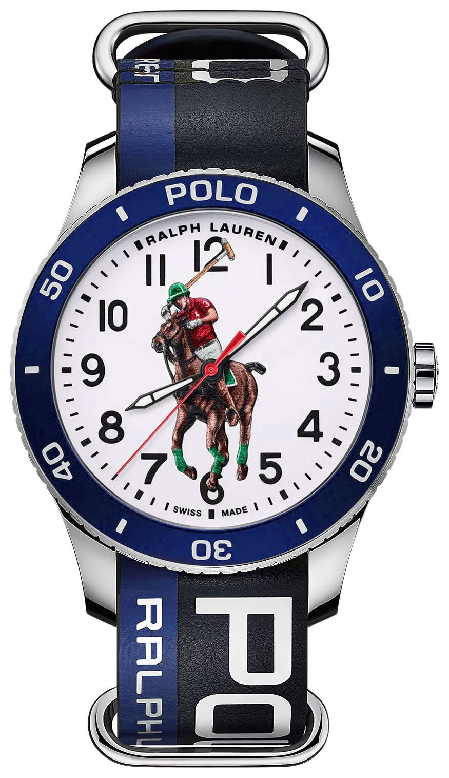 Ralph Lauren Polo Watch Pony Player Automatic Stainless Steel White Dial Black/Blue Leather NATO Strap Mens Watch 472836827003 - Watches & Beyond