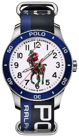 Ralph Lauren Polo Watch Pony Player Automatic Stainless Steel White Dial Black/Blue Leather NATO Strap Mens Watch 472836827003 - Watches & Beyond