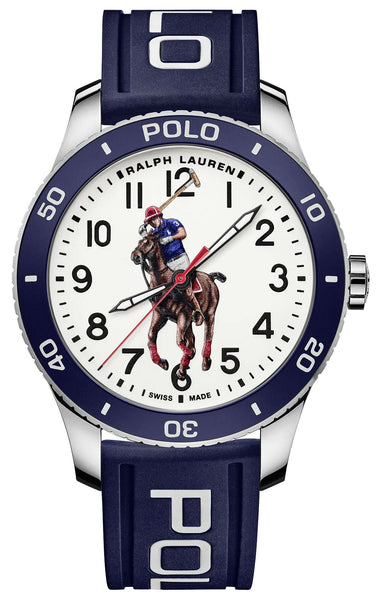 Ralph Lauren Polo Watch Pony Player Automatic Stainless Steel White Dial Blue Rubber Strap Mens Watch 472853461001 - Watches And Beyond