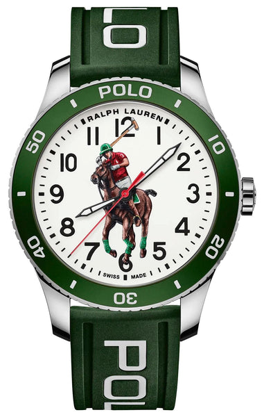 Ralph Lauren Polo Watch Pony Player Automatic Stainless Steel White Dial Green Rubber Strap Mens Watch 472853461002 - Watches And Beyond