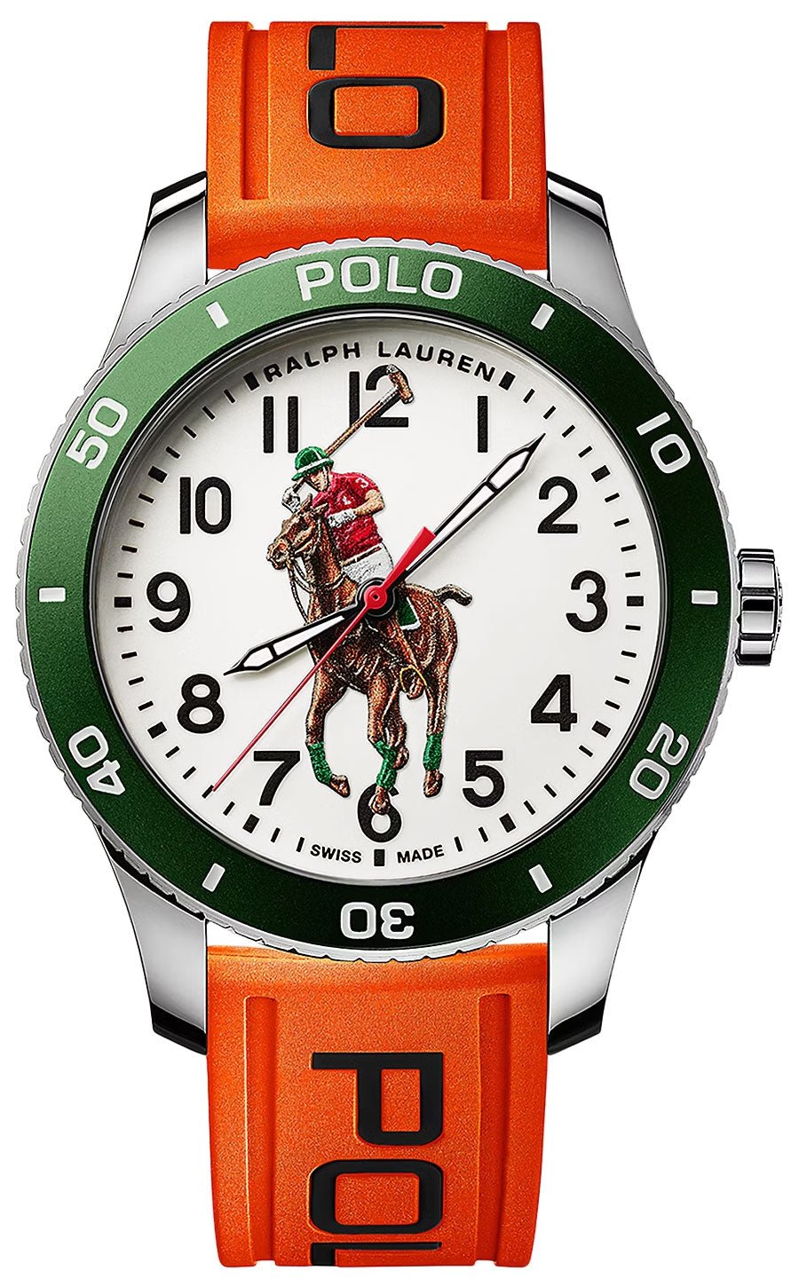 Ralph Lauren Polo Watch Pony Player Automatic Stainless Steel White Dial Orange Rubber Strap Mens Watch 472933616005 - Watches & Beyond