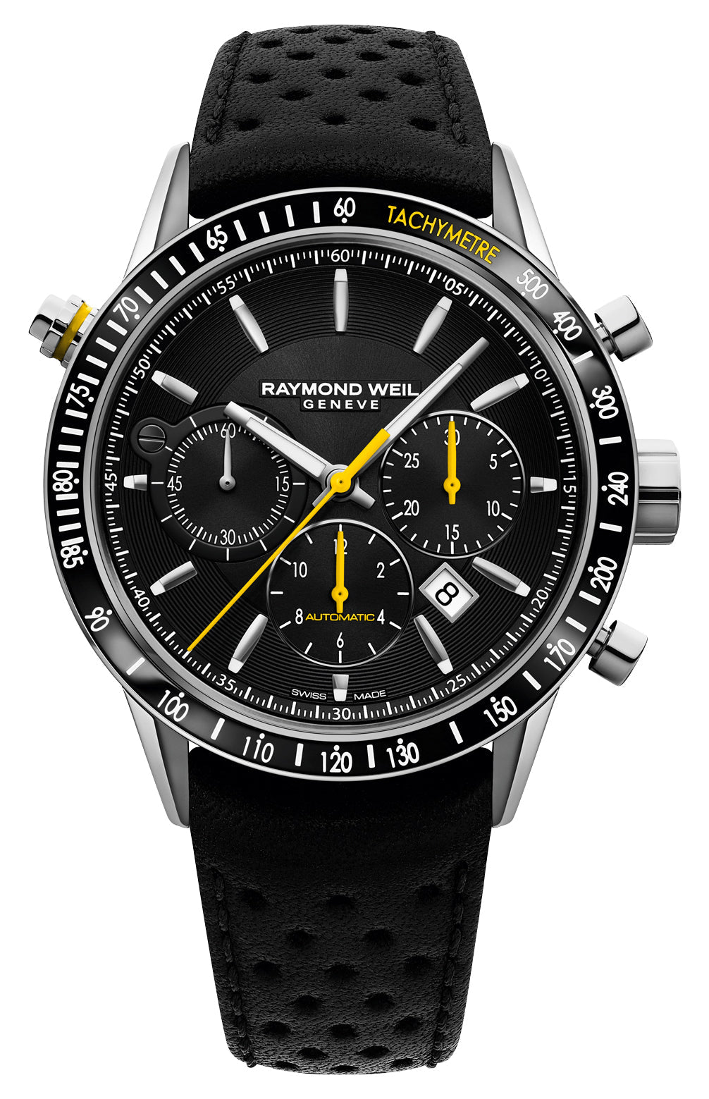 Raymond Weil Freelancer Automatic Chronograph Stainless Steel Black Dial Black Leather Strap Date Mens Watch 7740 - SC1 - 20021 - Watches & Beyond