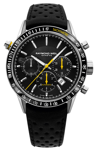 Raymond Weil Freelancer Automatic Chronograph Stainless Steel Black Dial Black Leather Strap Date Mens Watch 7740 - SC1 - 20021 - Watches & Beyond