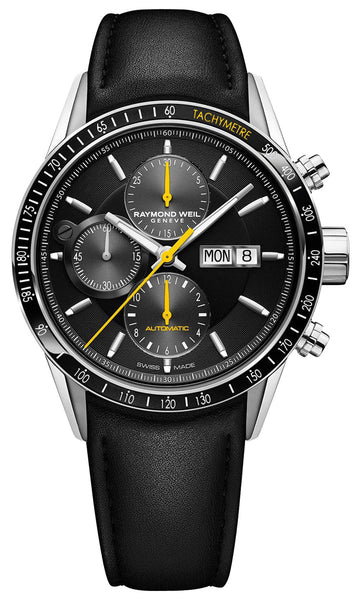 Raymond Weil Freelancer Automatic Chronograph Stainless Steel Black Dial Black Leather Strap Day/Date Mens Watch 7731 - SC1 - 20121 - WAB - Shipping Dept.