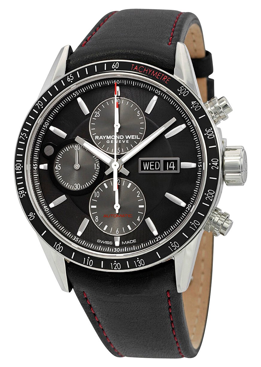 Raymond Weil Freelancer Automatic Chronograph Stainless Steel Black Dial Black Leather Strap Day/Date Mens Watch 7731 - SC1 - 20621 - Watches & Beyond