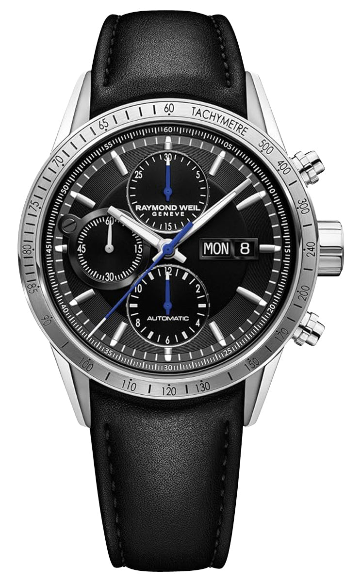 Raymond Weil Freelancer Automatic Chronograph Stainless Steel Black Dial Black Leather Strap Day/Date Mens Watch 7731 - STC - 20021 - Watches & Beyond