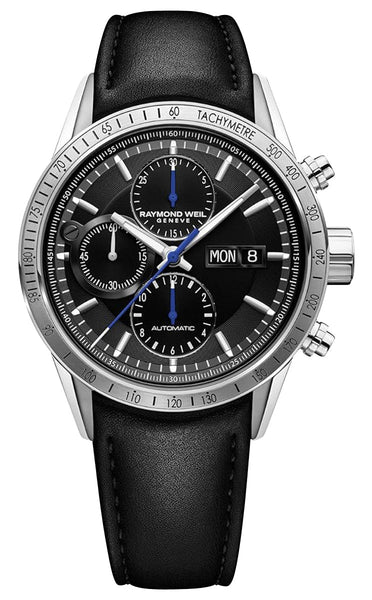 Raymond Weil Freelancer Automatic Chronograph Stainless Steel Black Dial Black Leather Strap Day/Date Mens Watch 7731 - STC - 20021 - Watches & Beyond