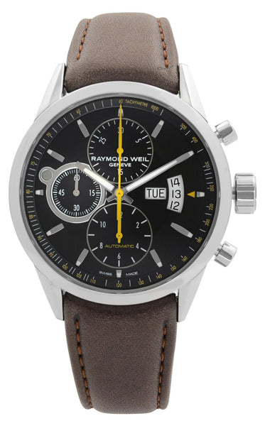 Raymond Weil Freelancer Automatic Chronograph Stainless Steel Black Dial Brown Leather Strap Day/Date Mens Watch 7730 - STC - 20021 - WAB - Shipping Dept.