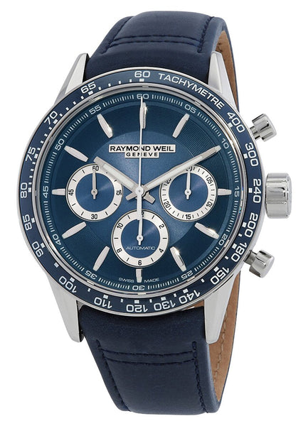 Raymond Weil Freelancer Automatic Chronograph Stainless Steel Blue Dial Blue Leather Strap Mens Watch 7741 - SC3 - 50021 - Watches & Beyond