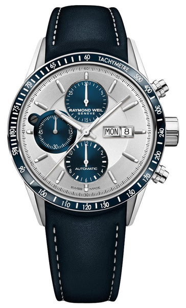 Raymond Weil Freelancer Automatic Chronograph Stainless Steel Silver Dial Blue Leather Strap Day/Date Mens Watch 7731 - SC3 - 65521 - WAB - Shipping Dept.