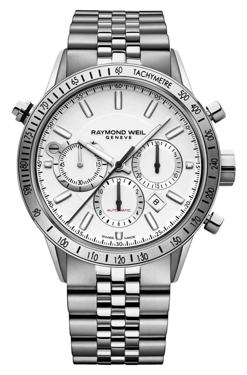 Raymond Weil Freelancer Automatic Chronograph Stainless Steel White Dial Date Mens Watch 7740 - ST - 30001 - Watches & Beyond