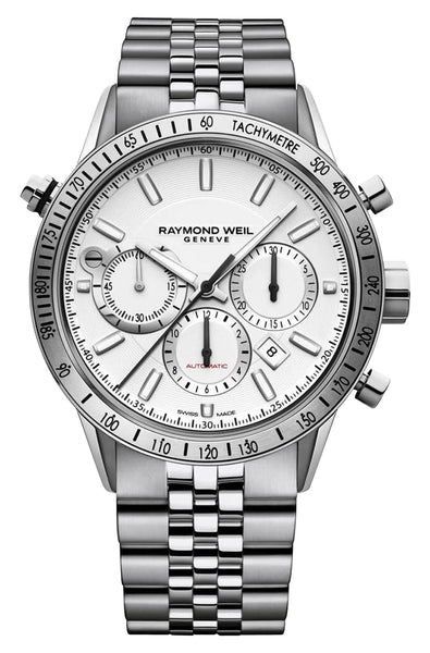 Raymond Weil Freelancer Automatic Chronograph Stainless Steel White Dial Date Mens Watch 7740 - ST - 30001 - Watches & Beyond