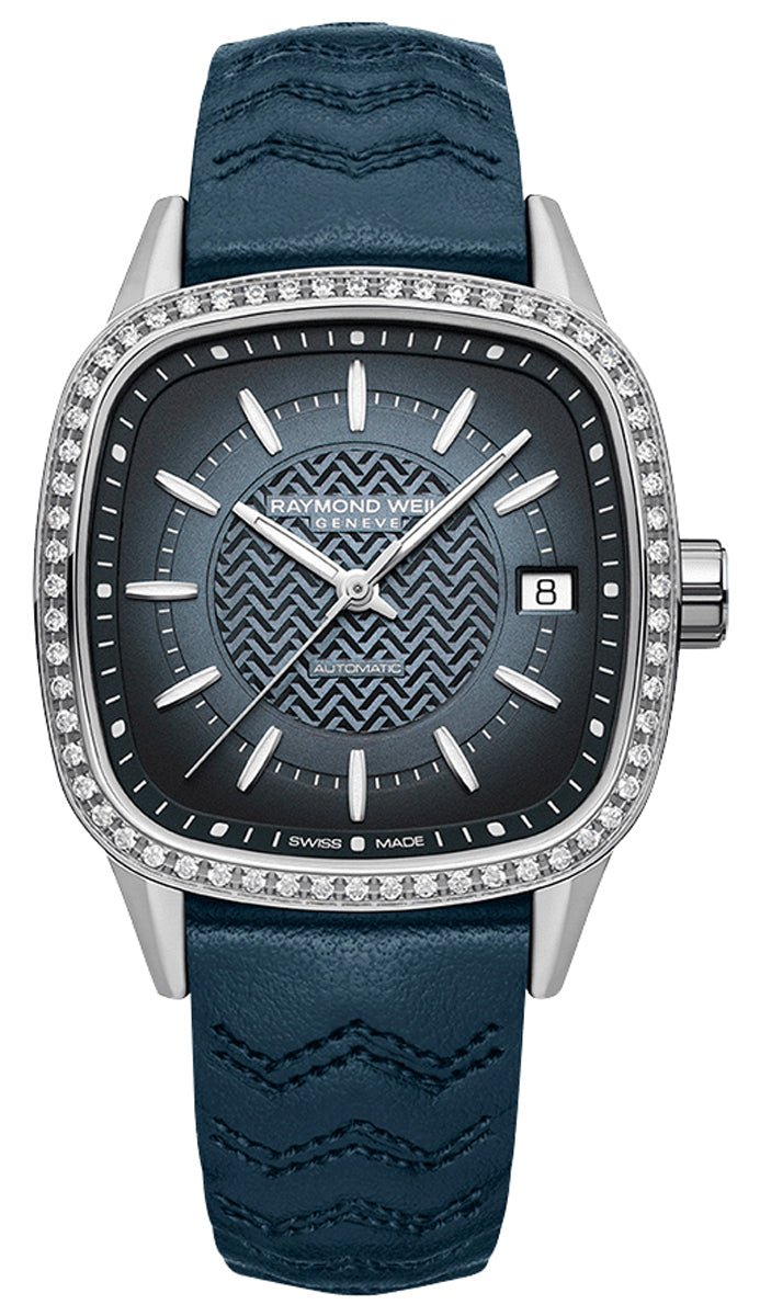 Raymond Weil Freelancer Automatic Stainless Steel Blue Dial Blue Leather Strap Date Diamonds Womens Watch 2490 - SCS - 50051 - Watches & Beyond