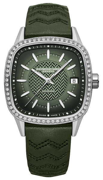 Raymond Weil Freelancer Automatic Stainless Steel Green Dial Green Leather Strap Date Diamonds Womens Watch 2490 - SCS - 52051 - WAB - Shipping Dept.