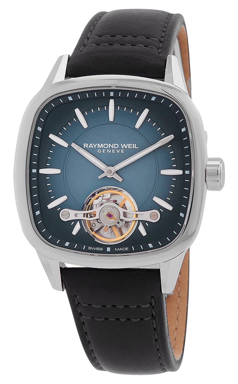 Raymond Weil Freelancer Automatic Stainless Steel Square Blue Dial Black Leather Strap Mens Watch 2790 - STC - 50051 - Watches & Beyond
