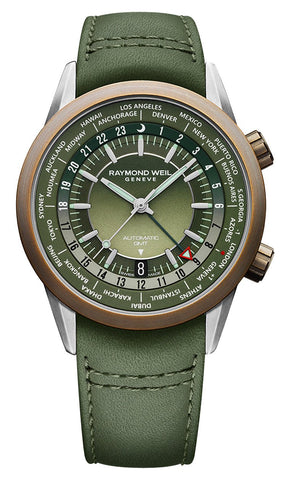 Raymond Weil Freelancer GMT Worldtimer Automatic Stainless Steel & Bronze Green Dial Green Leather Strap Date Mens Watch 2765 - SBC - 52001 - WAB - Shipping Dept.