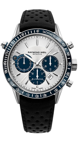 Raymond Weil Freelancer Steel Automatic Chronograph Silver Dial Date Black Leather Strap Mens Watch 7740 - SC3 - 65521 - WAB - Shipping Dept.