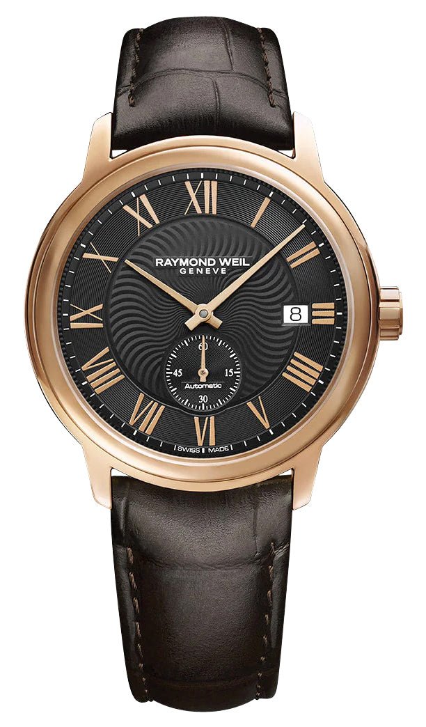 Raymond Weil Maestro Automatic Rose Gold PVD Black Dial Brown Leather Strap Date Mens Watch 2238 - PC5 - 00209 - Watches & Beyond