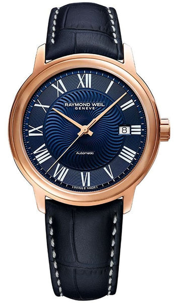 Raymond Weil Maestro Automatic Rose Gold PVD Blue Leather Strap Blue Dial Date Mens Watch 2237 - PC5 - 00508 - WAB - Shipping Dept.