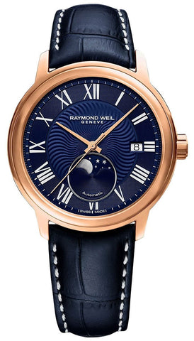 Raymond Weil Maestro Automatic Rose Gold PVD Blue Leather Strap Blue Dial Moonphase Date Mens Watch 2239 - PC5 - 00509 - WAB - Shipping Dept.