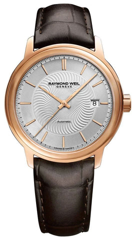 Raymond Weil Maestro Automatic Rose Gold PVD Silver Dial Brown Leather Strap Date Mens Watch 2237 - PC5 - 65001 - WAB - Shipping Dept.