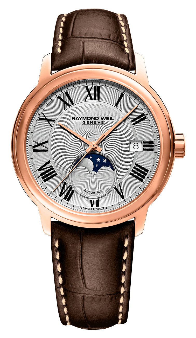 Raymond Weil Maestro Automatic Rose Gold PVD Silver Dial Brown Leather Strap Moonphase Date Mens Watch 2239 - PC5 - 00659 - WAB - Shipping Dept.