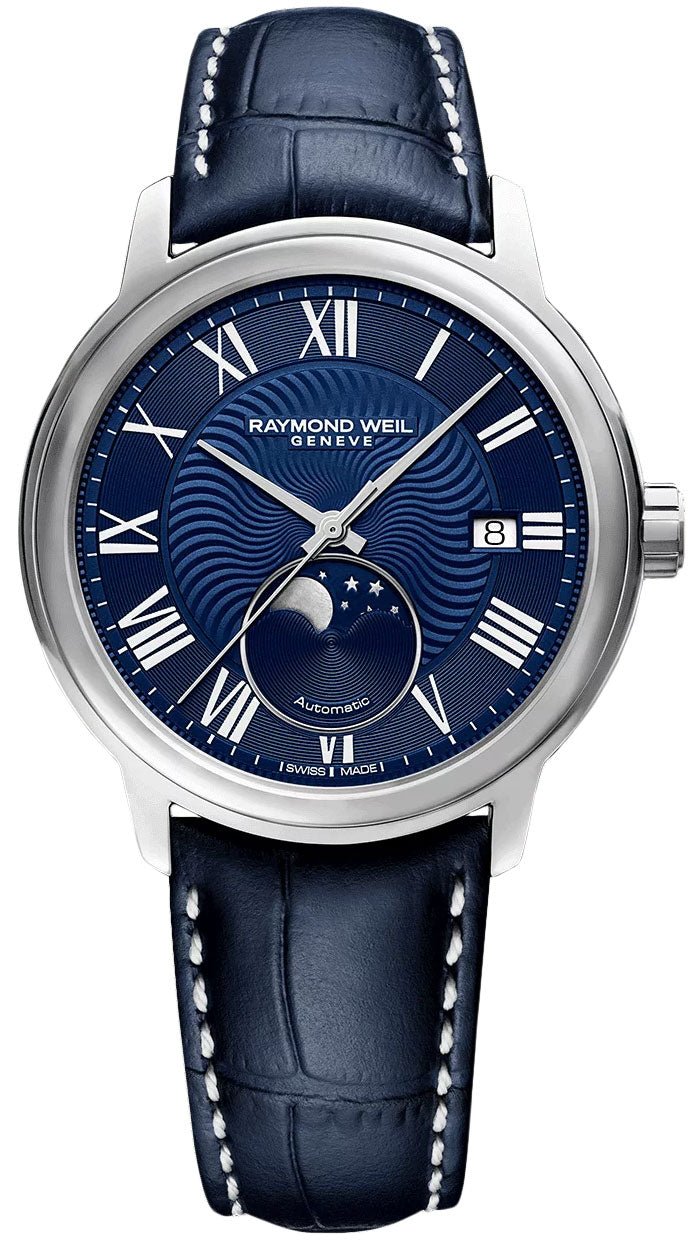 Raymond Weil Maestro Automatic Stainless Steel Blue Dial Blue Leather Strap Moonphase Date Mens Watch 2239 - STC - 00509 - WAB - Shipping Dept.