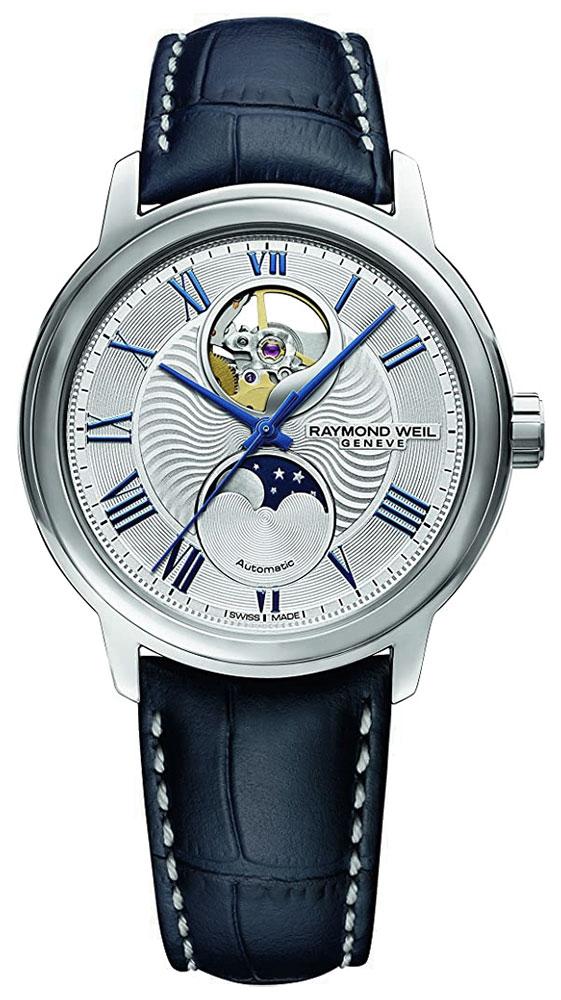 Raymond Weil Maestro Automatic Stainless Steel Blue Leather Strap Silver Dial Moonphase Date Mens Watch 2240 - STC - 00655 - WAB - Shipping Dept.