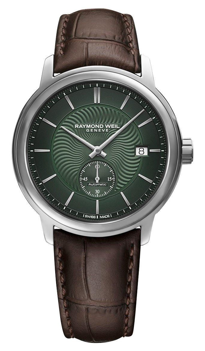 Raymond Weil Maestro Automatic Stainless Steel Green Dial Brown Leather Strap Date Mens Watch 2238 - STC - 52001 - Watches & Beyond