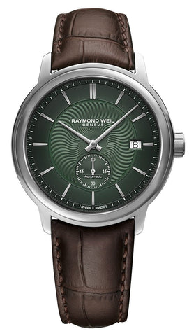 Raymond Weil Maestro Automatic Stainless Steel Green Dial Brown Leather Strap Date Mens Watch 2238 - STC - 52001 - Watches & Beyond