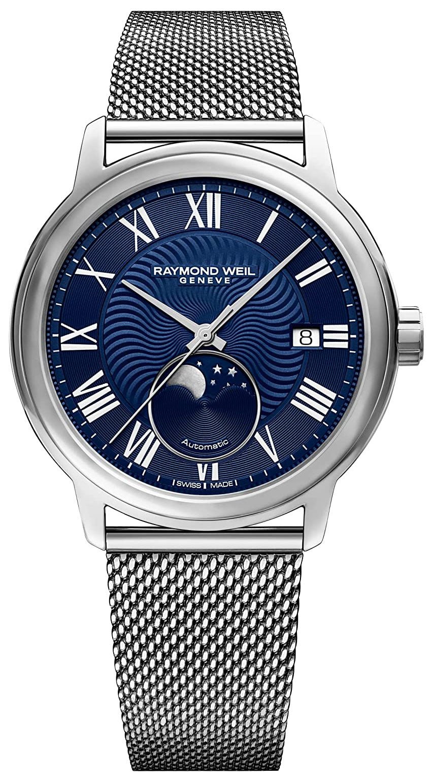 Raymond Weil Maestro Automatic Stainless Steel Mesh Blue Dial Moonphase Date Mens Watch 2239M - ST - 00509 - WAB - Shipping Dept.