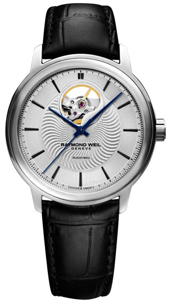 Raymond Weil Maestro Automatic Stainless Steel Silver Dial Black Leather Strap Mens Watch 2227 - STC - 65001 - Watches & Beyond